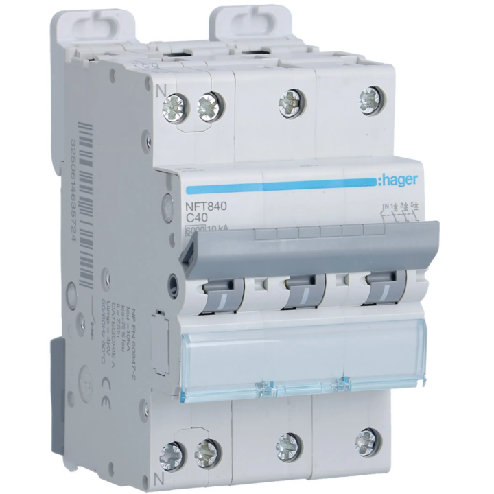 Hager - Disjoncteur 40A - 3P+N - courbe C avec Bloc différentiel 40A - 3P+N - type F - Réf : BDF440F+NFT840