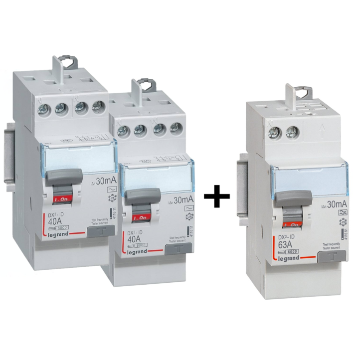 LEGRAND - LOT de 3 inter différentiels DX3 - (2 - ID 2x40A 30mA AC - ID 2x63A 30mA A) 411611x2 + 411651