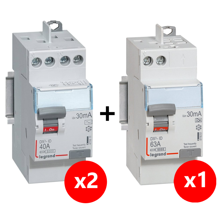 LEGRAND - LOT de 3 inter différentiels DX3 - (2 - ID 2x40A 30mA AC - ID 2x63A 30mA A) 411611x2 + 411651