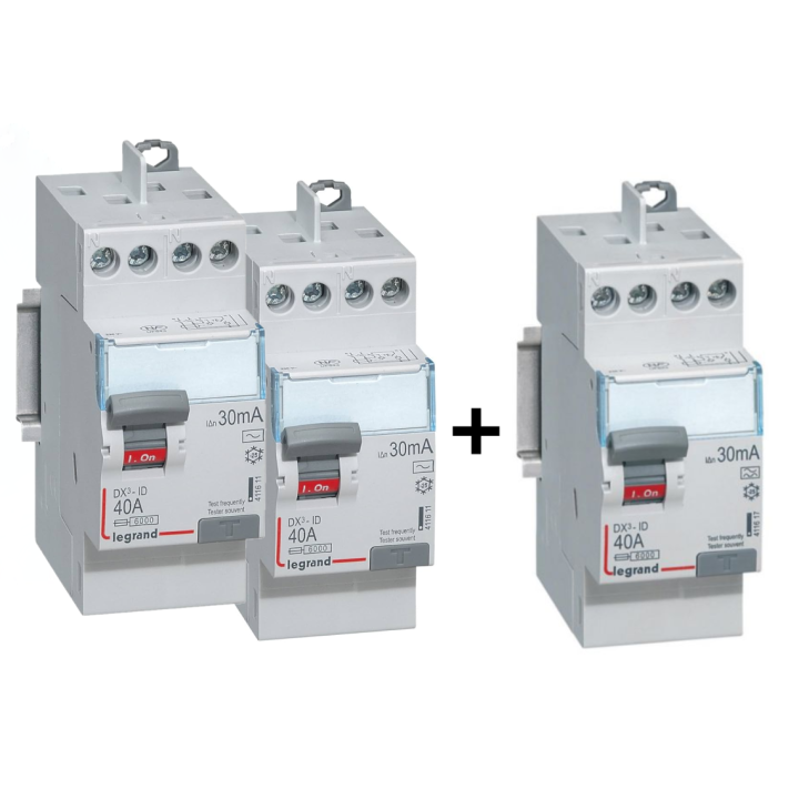 LEGRAND - LOT de 3 inter différentiels DX3 - (2 - ID 2x40A 30mA AC - ID 2x40A 30mA A) 411611x2 + 411617