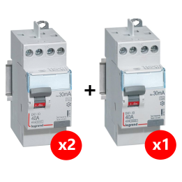 LEGRAND - LOT de 3 inter différentiels DX3 - (2 - ID 2x40A 30mA AC - ID 2x40A 30mA A) 411611x2 + 411617