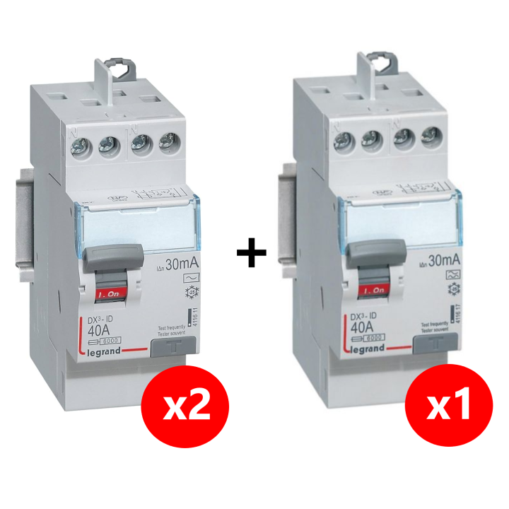 LEGRAND - LOT de 3 inter différentiels DX3 - (2 - ID 2x40A 30mA AC - ID 2x40A 30mA A) 411611x2 + 411617