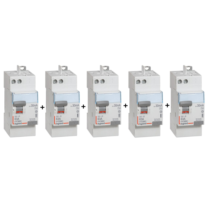LEGRAND - LOT de 5 inter différentiels DX3 - ID 2x63A - 30mA AC - 411650 x 5