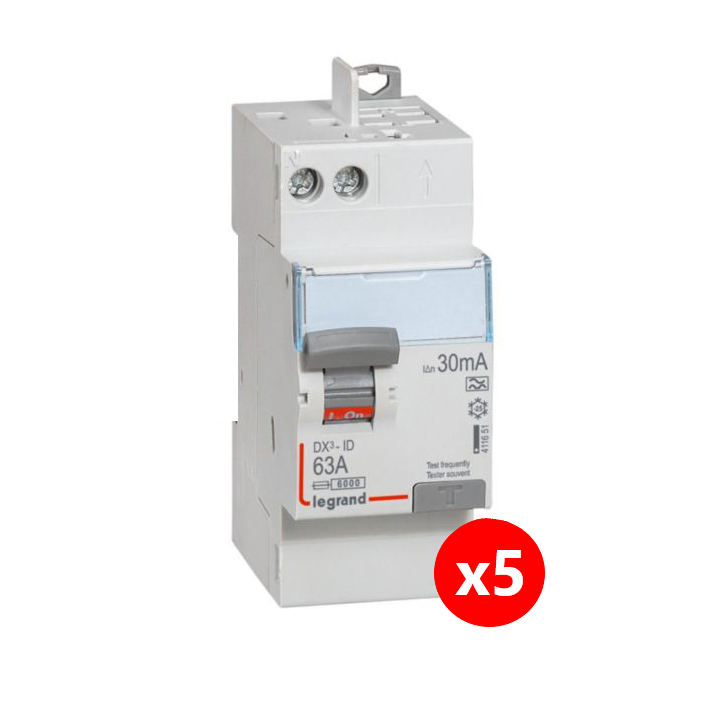 LEGRAND - Inter différentiel DX3 2P - 63A - 30mA - Type A - Départ Haut  Auto - 411651x5