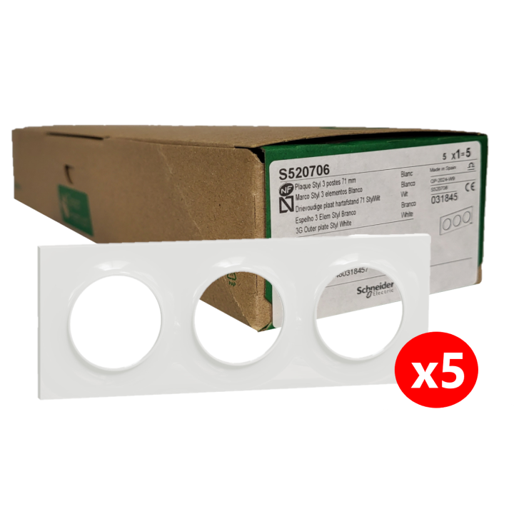Schneider - Odace - Styl - LOT - Plaque 3 postes - entraxe 71 mm - Réf : S520706x5