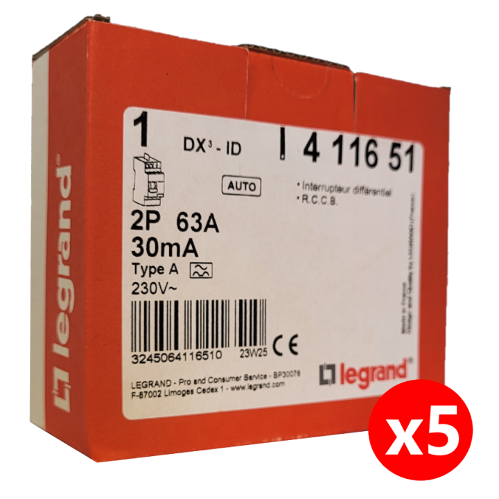 LEGRAND - Inter différentiel DX3 2P - 63A - 30mA - Type A - Départ Haut  Auto - 411651x5