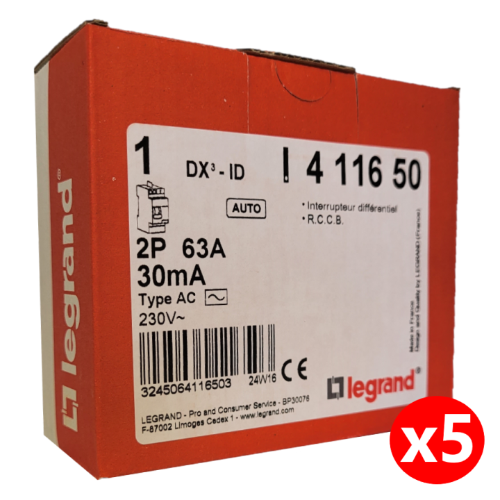 LEGRAND - LOT de 5 inter différentiels DX3 - ID 2x63A - 30mA AC - 411650 x 5