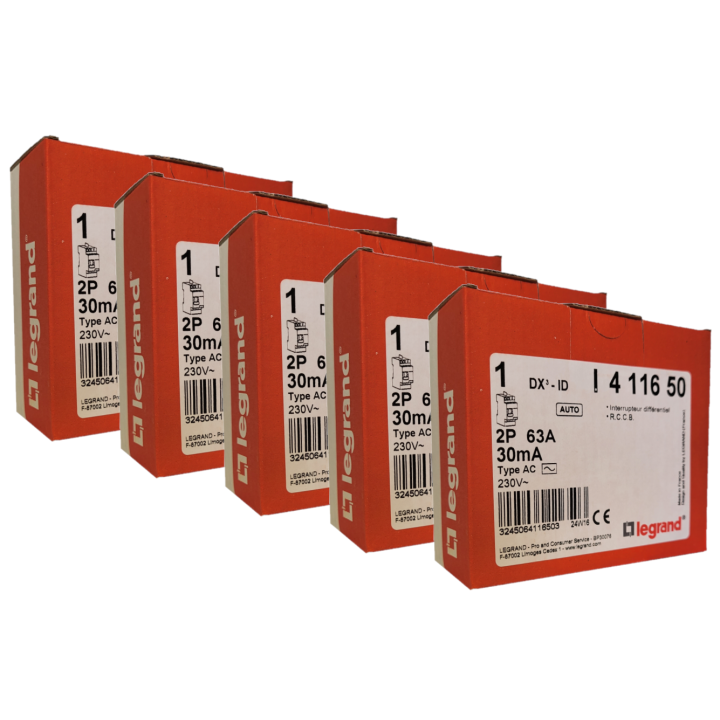 LEGRAND - LOT de 5 inter différentiels DX3 - ID 2x63A - 30mA AC - 411650 x 5