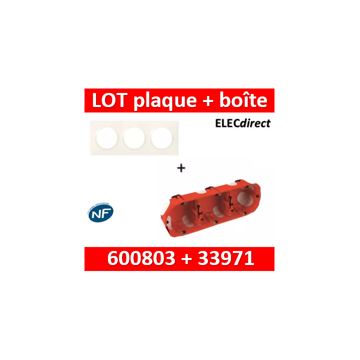 Legrand Dooxie - Plaque 3 postes + Boîte BBC SIB 3 postes - Hor/vert - 600803+33971