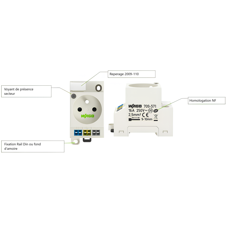 WAGO - Prise modulaire 2P+T 16A 250V avec voyant d'état - Réf : 709-571