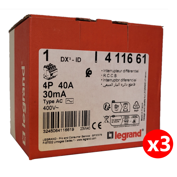LEGRAND - Interrupteur différentiel DX3-ID 4P 40A - 30mA - AC - 411661x3