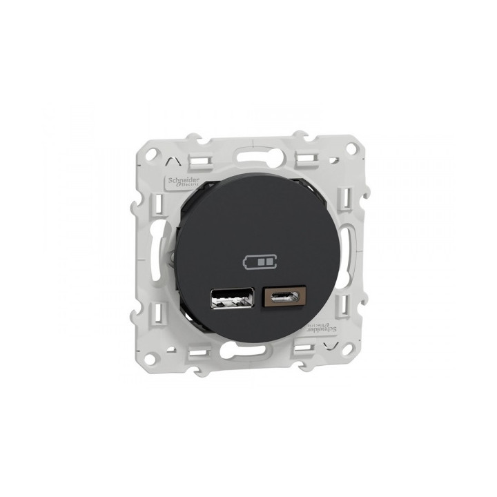 Schneider - Odace Prise double USB Anthracite - Type A+C - 2.4A - Réf : S540401