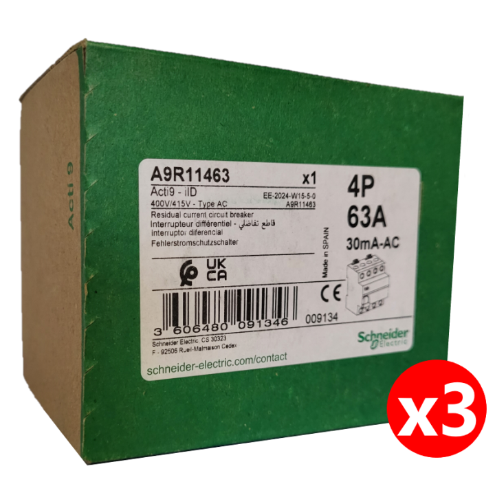 SCHNEIDER - Interrupteur Différentiel 4P - 63A - 30mA - AC - A9R11463x3