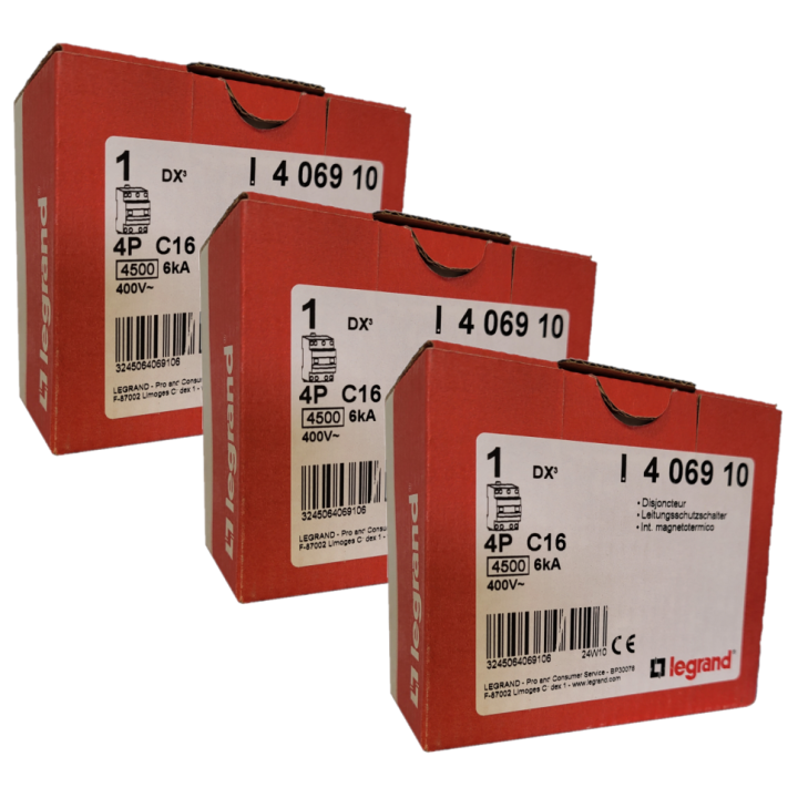 Legrand - Disjoncteur 4P DX3 - 16A - 6kA - courbe C - 406910x3