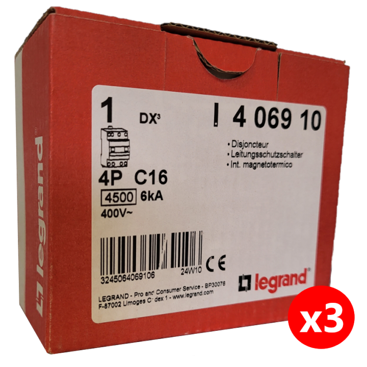 Legrand - Disjoncteur 4P DX3 - 16A - 6kA - courbe C - 406910x3