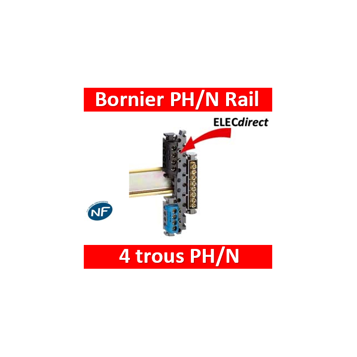 Legrand - Support Rail + Bornie Ph 4 trous + Bornier Neutre 4 trous - 004811+004840+004850
