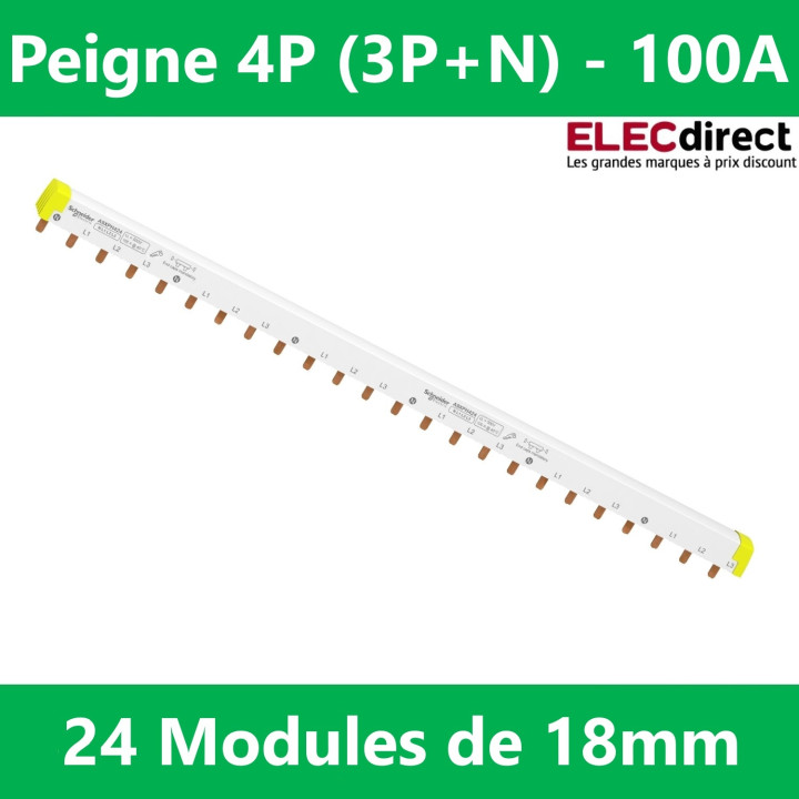 Schneider - Acti9 iC60, peigne à dents, 4 pôles, 100A, 24 modules de 18mm - Réf : A9XPH424