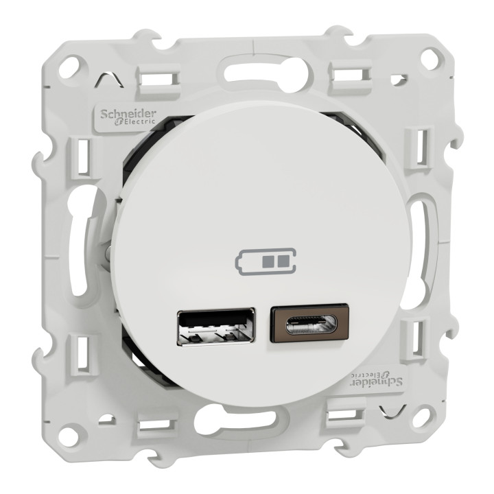 Schneider - Odace Prise double USB Blanc - Type A+C - 2.4A - Réf : S520401