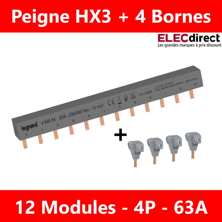 Legrand - Peigne d'alimentation HX3 - 4P - Pour bornes à vis - 12M + bornes d'alimentation - 404954+404906x4