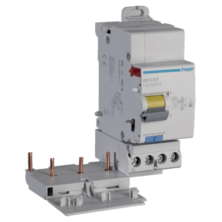 Hager - Disjoncteur 40A - 3P+N - courbe C avec Bloc différentiel 40A - 3P+N - type F - Réf : BDF440F+NFT840
