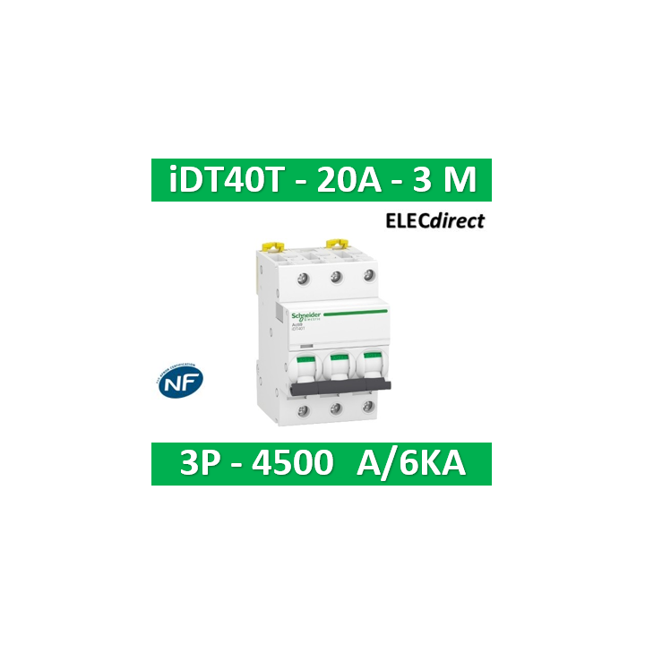 Schneider - Acti9 iDT40T - disjoncteur modulaire - 3P - 20A - courbe C - 4500A/6kA - A9P22320