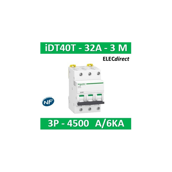 Schneider - Acti9 iDT40T - disjoncteur modulaire - 3P - 32A - courbe C - 4500A/6kA - A9P22332