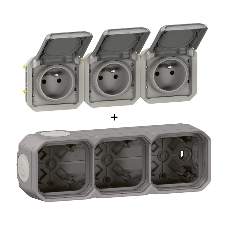 Legrand - Plexo - Triple prise de courant - Saillie - 2P+T - 16A - 230V - horizontal - IP55/IK07 - Réf : 069680L+069564L