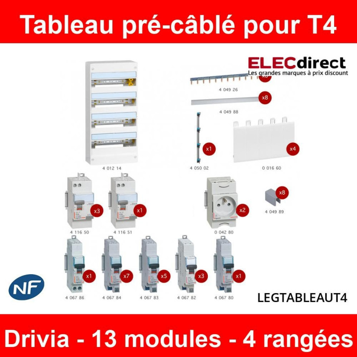 Legrand - Tableau électrique pré-équipé et pré-câblé pour T4 - Drivia - 13 modules - 4 Rangées - AUTO - Réf: LEGTABLEAUT4
