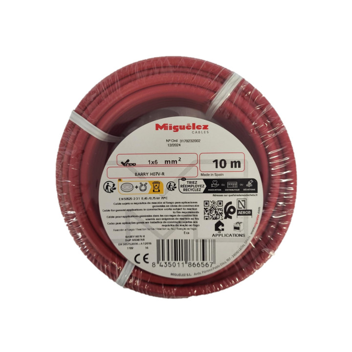 FIL HO7VR 6 mm2 rigide - Rouge - COURONNE DE 10M