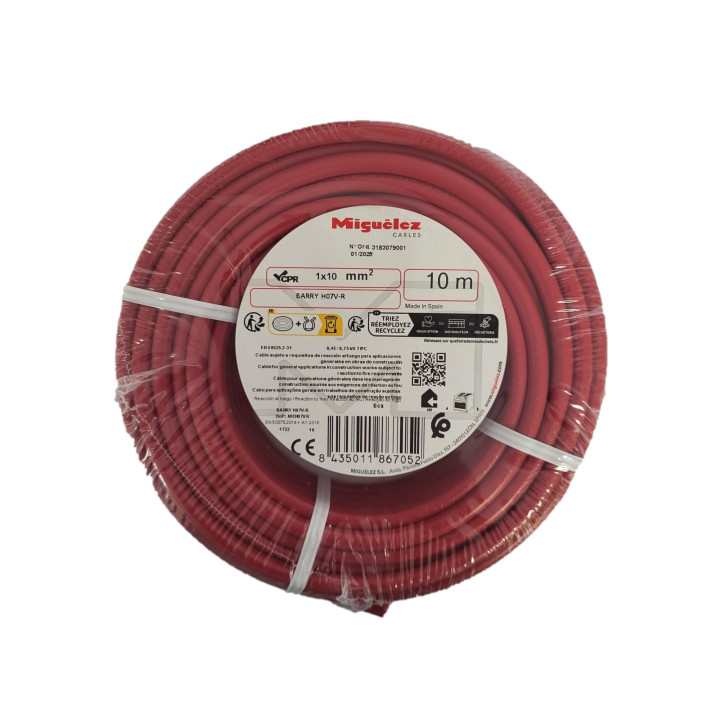 Fil HO7VR 10 mm2 rigide - Rouge - COURONNE DE 10M