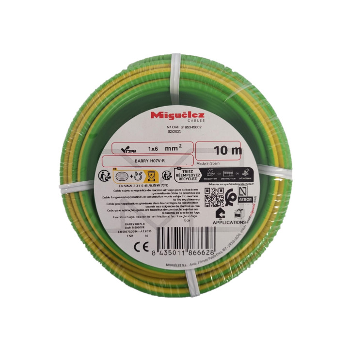 Fil HO7VR 6 mm2 rigide - V/J - COURONNE DE 10M