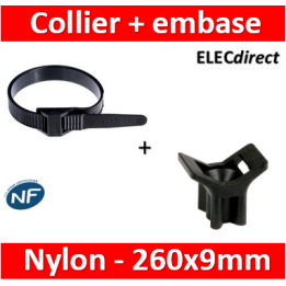 Ram - Collier de fixation nylon - noir - 260x9  + Embase à visser - Collier x100 (59126) +Embase x100 (59220)