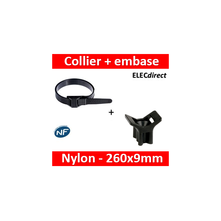 Ram - Collier de fixation nylon - noir - 260x9  + Embase à visser - Collier x100 (59126) +Embase x100 (59220)