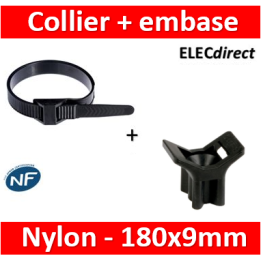 Ram - Collier de fixation nylon - noir - 180x9 + Embase à visser - Collier x100 (59118) +Embase x100 (59220)