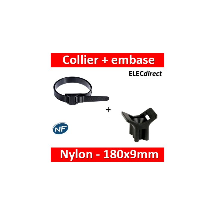 Ram - Collier de fixation nylon - noir - 180x9 + Embase à visser - Collier x100 (59118) +Embase x100 (59220)