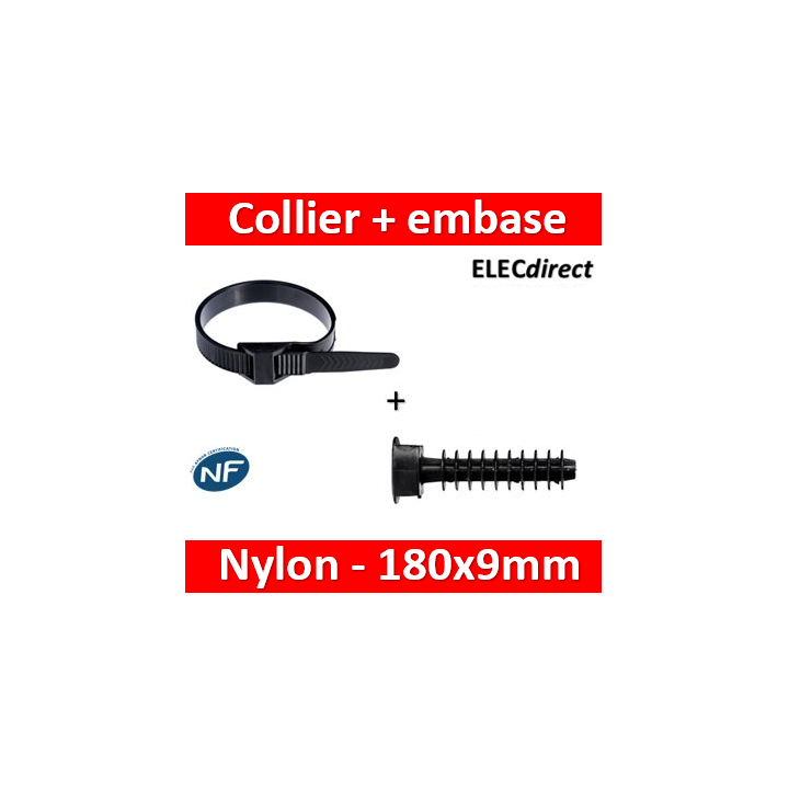 Ram - Collier de fixation nylon - noir - 180x9 + Embase D.8mm - Collier x100 (59118) +Embase x100 (59230)