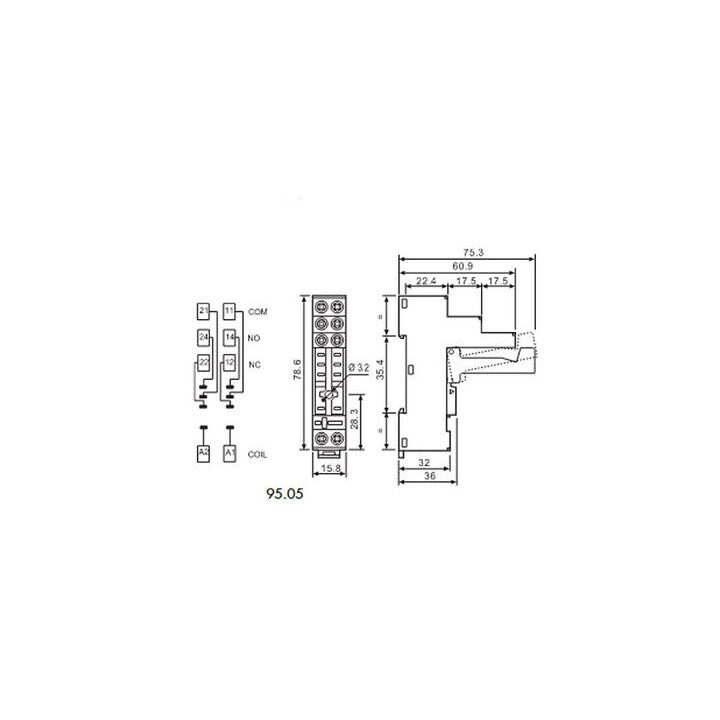 Finder - Embase Relais rail DIN - Support bornes à cage - 10A - 250V - Bleu - Réf : 9505SPA