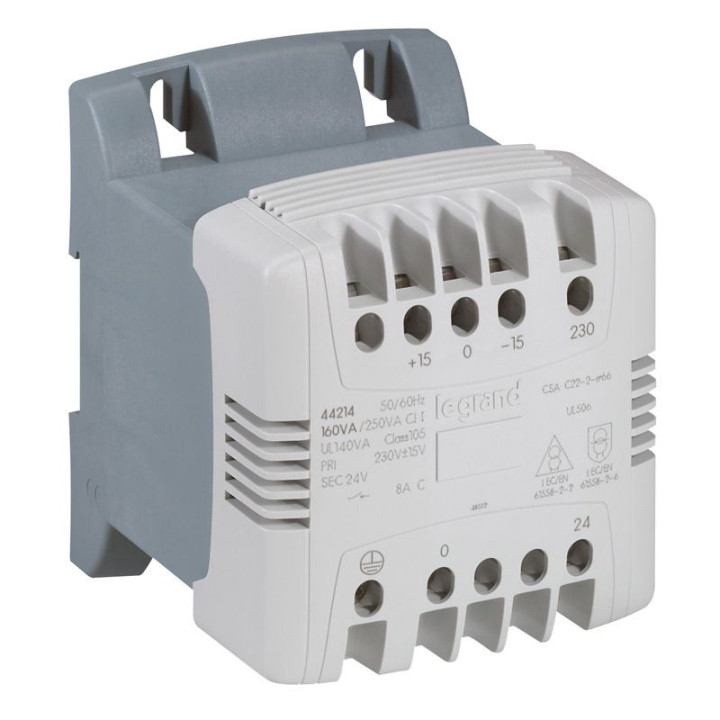 LEGRAND - Transformateur de commande et sécurité à connexion à vis primaire 230V à 400V - secondaire 24V~ - 250VA - Réf : 044215