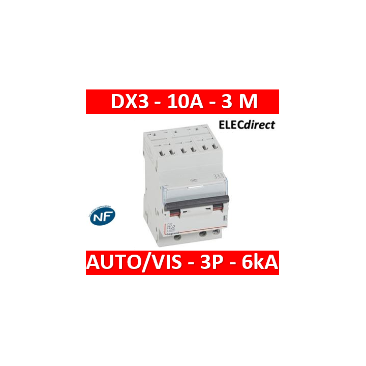 Legrand - Disjoncteur DX³6000 10kA arrivée auto départ vis 3P - 10A - courbe D - 408074