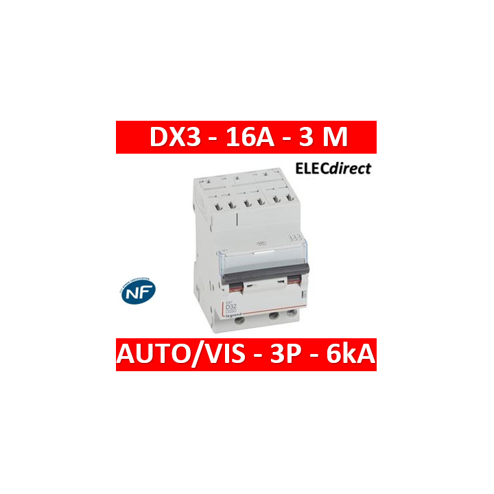 Legrand - Disjoncteur DX³6000 10kA arrivée auto départ vis 3P - 16A - courbe D - 408075