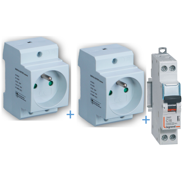 2 PC modulaire 2P+T 16A DIGITAL + disjoncteur 16A - 04562x2 + 406774