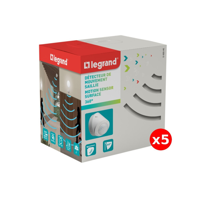 Legrand - LOT de 5 Détecteurs de mouvement PIR 360° portée 8m IP55 - Mural/plafond - Blanc - saillie - Réf : 048946x5