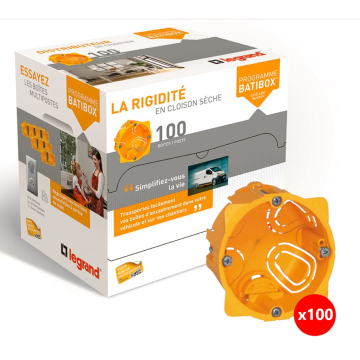 Legrand Batibox - LOT de 100 Boîtes d'encastrement 1 poste - Prof. 50 - Réf : 080051x100
