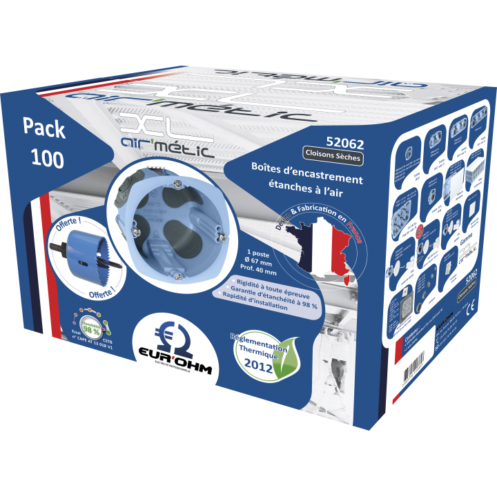 Eur'Ohm - XL Air'métic - 100 Boîtes d'encastrement + Scie cloche - Etanche à l'air - 1 poste - Ø67 - P40 - Réf : 52062