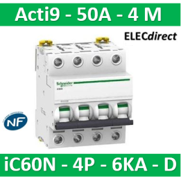 Schneider - Acti9 - iC60N - Disjoncteur - 4P - 50A - 6kA - courbe D - Réf : A9F75450