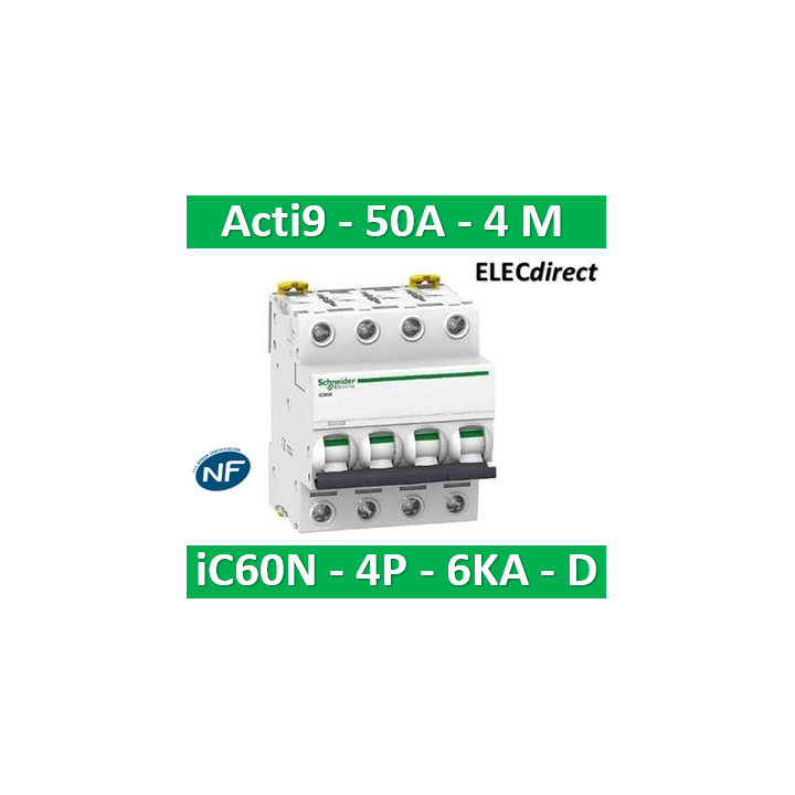 Schneider - Acti9 - iC60N - Disjoncteur - 4P - 50A - 6kA - courbe D - Réf : A9F75450