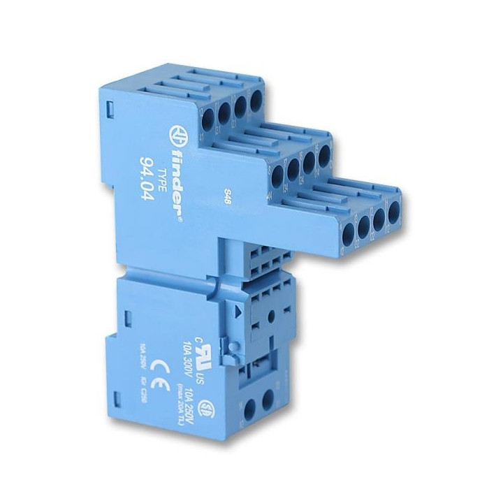 Finder - Support avec bornes à cage - Étrier métallique - Rail DIN - 10A - 250V - Bleu - Réf : 9404SMA