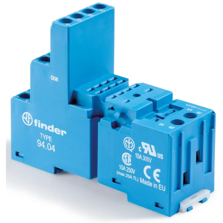 Finder - Embase Relais rail DIN - Support bornes à cage -  Étrier métallique - 10A - 250V - Bleu - Réf : 9404SMA