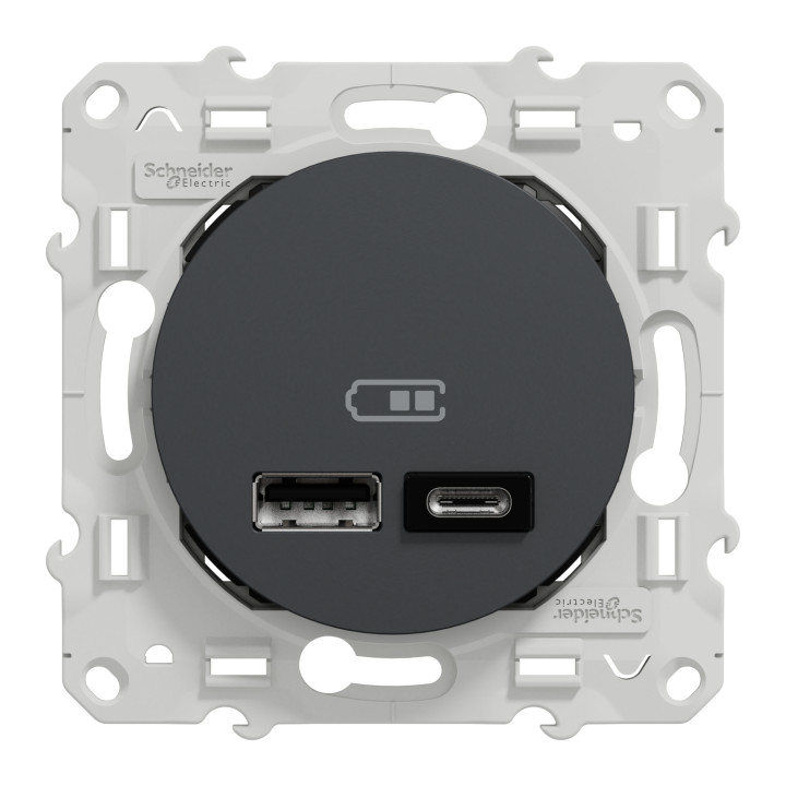 Schneider - Odace Prise double USB Anthracite - Type A+C - 2.4A - Réf : S540401