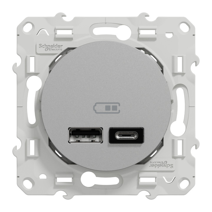 Schneider - Odace Prise double USB Alu - Type A+C - 2.4A - Réf : S530401